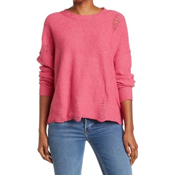 Frayed Denim NWT Gwen Distressed Sweater Raspberry Rose Sz S Knit Drop Shoulder - Picture 1 of 8